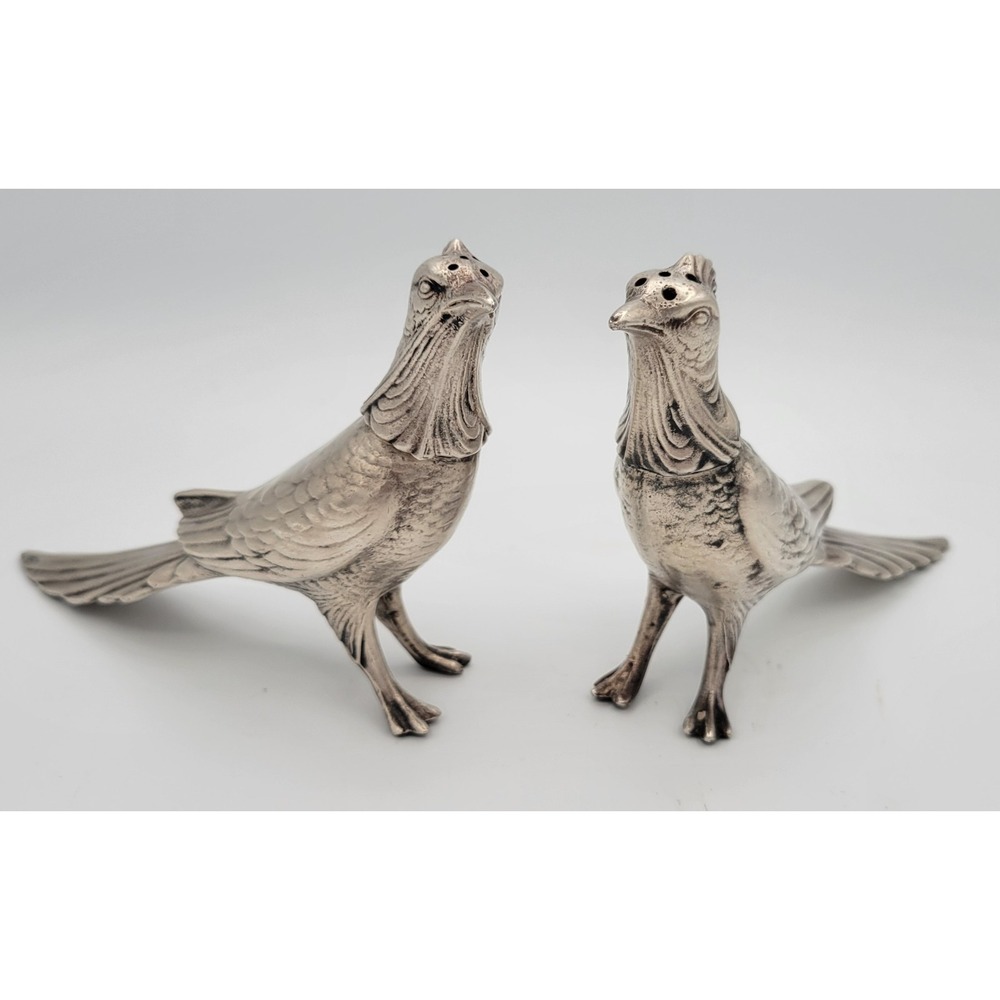 WB Mfg Co Pheasant Salt & Pepper Shaker Set Vtg MCM Bird Metal Silver 7.5in